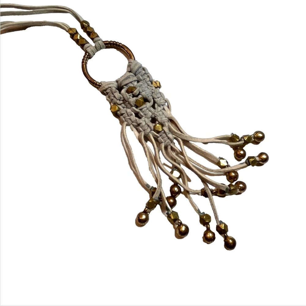 Noonday Long Gray Pendant Fringe Boho Leather Dream Catcher Woven Indian Aztec